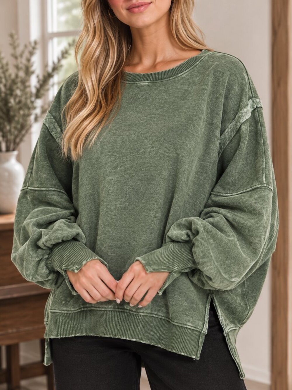 417. Women’s Army Green Acid Wash Oversized Fleece Batwing Sweatshirt